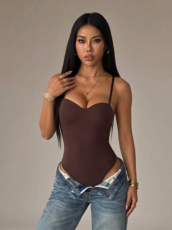 SHEIN PETITE Women's Solid Color Sexy Fashion Camisole Bodysuit ,Petite Women