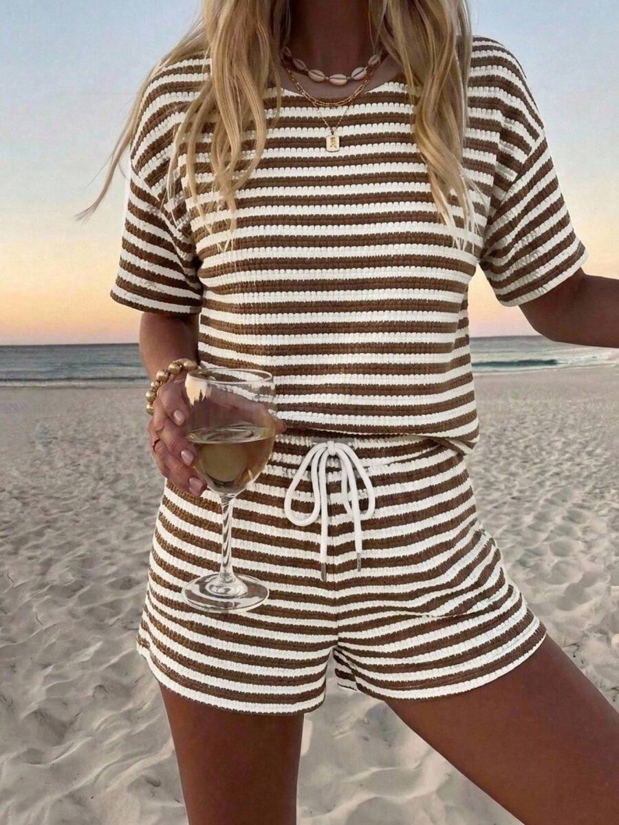 SHEIN LUNE Women's Knit White And Brown Textured Fabric Versatile T-Shirt Shorts 2 Pieces Set Beach Summer Casual - Multicolor - View 1
