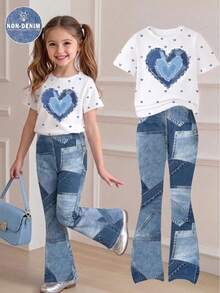 SHEIN Elladie kids 2件組復古愛心印花T恤與喇叭褲套裝，可愛夏季返校女孩穿搭，Y2K校園風，新款圓領短袖T恤搭配鬆緊腰喇叭長褲，簡約百搭時尚通勤套裝 - 彩色 - 查看 1