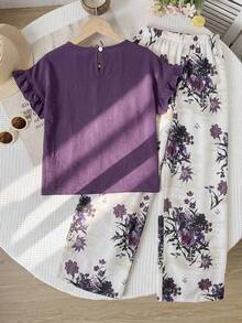 SHEIN 兒童青少年女孩 T-shirt 套裝 梭織純色短袖上衣搭配碎花長褲休閒套裝 - 紫色 - 查看 2