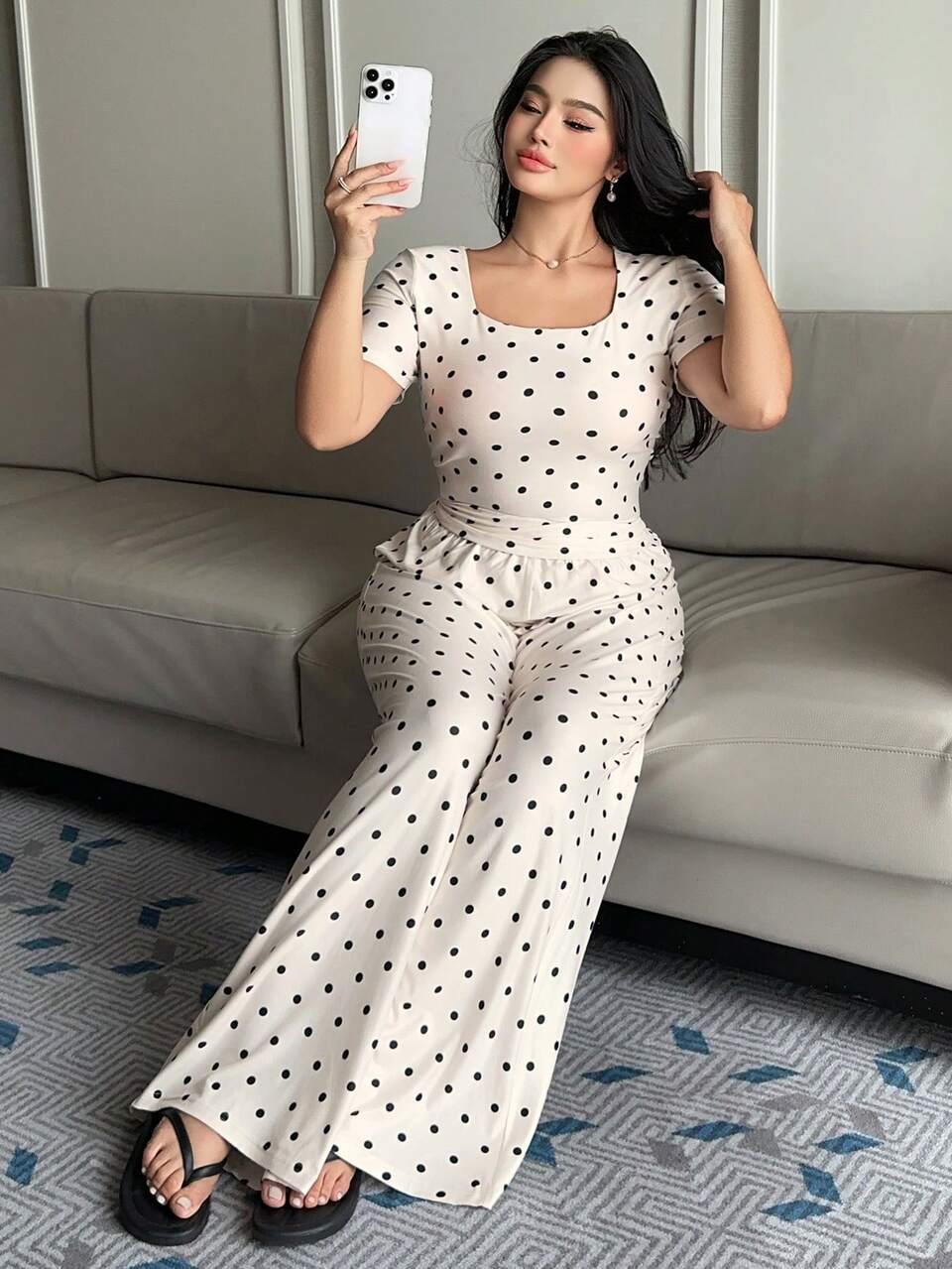 Dazy Plus Fashion Polka Dot Fitted Short Sleeve Top & Long Pants 2-Piece Set, Spring/Summer Loungewear Pajama Set