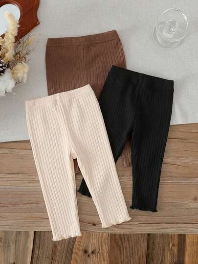 SHEIN Vintaside Kids 3pcs/Set Baby Girls' Leggings Pink And White Striped Autumn Casual Holiday Summer Solid Color Cotton Pants Minimalist Sweet Style Straight Loose Fit