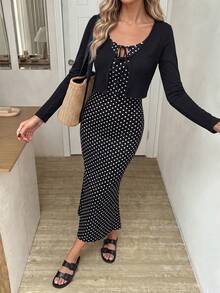SHEIN LUNE Women's Casual Autumn/Winter Vacation Commute Basic Outfit Polka Dot Long Sleeve Tie-Front Top & Dress 2-Piece Set Fall Clothes Office Wear For Women - Black and White - View 6