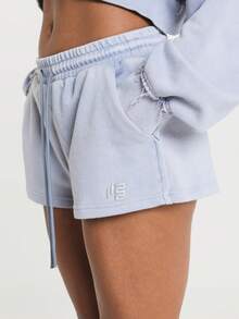 11SKNDS Fleece Mini Sweat Shorts With Elastic Drawstring Waist, Side Pockets, Logo Embroidery, Washed Casual Summer Everyday Lounge Wear - Dusty Blue - View 5