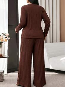 Modelyn Plus Size Women's Metal 3D Floral Decor Long Sleeve Top And Wide Leg Pants Elegant 2-Piece Set - Coffee Brown - View 2