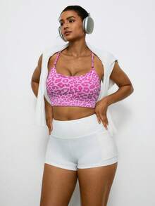 Voyena Damen Sport-BH in großen Größen mit Leopardenmuster und Kreuzdesign, geeignet für Yoga, Laufen und andere Sportarten. Rosa Leopardenmuster Sport-BH, Leopardenmuster Sport-BH, Gepardenmuster Sport-BH. - Pink - Übersicht 6