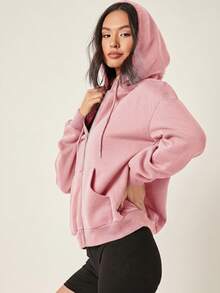 SHEIN BASICS Cozy Fleece Drop Shoulder Zipper Up Hooded Sweatshirt Long Sleeve Tops Fall Back-To-School Light Pink Casual Athleisure Gym Workout Black - Pink - View 4