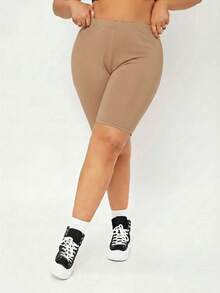 SHEIN BASICS 大尺碼高腰單車短褲女款夏季穿搭 - 駝色 - 查看 3