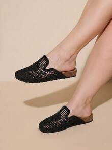 CUCCOO CURVES Women's Woven Breathable Hollow Mules Closed Toe Slippers New Summer Casual Mesh Flats - Black - View 5