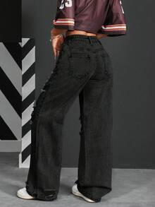 SHEIN PETITE 女款百搭破洞寬鬆寬腿牛仔褲，適合嬌小女性 - 黑色 - 查看 2