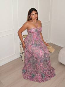 Maria Perezxox 女款優雅度假風腰果印花荷葉邊下擺洋裝，適合派對穿著 - 珊瑚粉 - 查看 1