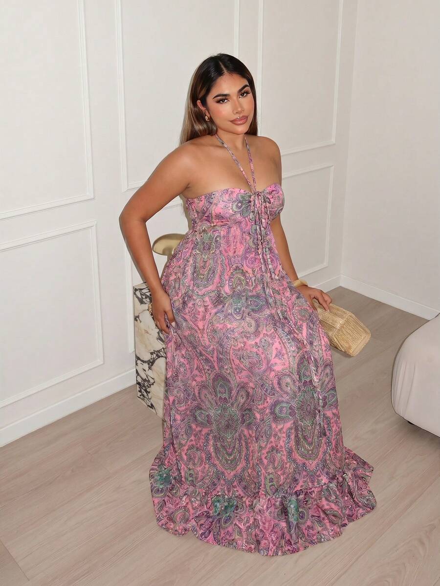Maria Perezxox 女款優雅度假風腰果印花荷葉邊下擺洋裝,適合派對穿著 - 珊瑚粉 - 查看 1