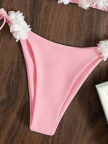 Swim Mod Vacation Beach Solid Color 3D Floral Decor Two-Piece Swimsuit Set - Pink - View 3