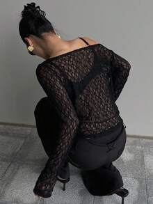 Dazy Tall Women's Asymmetric Shoulder Long Sleeve Textured Semi-Sheer Casual Top Fall - Black - View 12