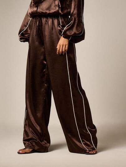 AiiRZ Satin Wide Leg Trouser With Contrast Piping, Elasticated Drawstring Waist, Full Length Palazzo Pants