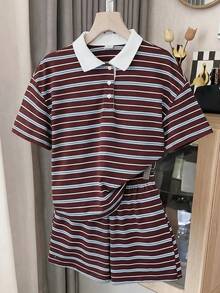 SHEIN 青少年女孩條紋對比領T恤與短褲套裝 - 彩色 - 查看 3