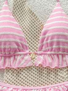 SHEIN Swim Women's Summer Beach Vacations Sweet & Cute Pink And White Striped Ruffled Bikini Set ,Two-Piece Open-Back Halter-Neck Bikini Set With Tie-Back Detail - Pink - View 5