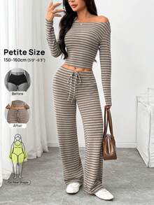 SHEIN PETITE Women's Striped Long Sleeve T-Shirt And Pants Casual 2 Pieces Set - Brown - View 10