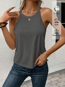 SHEIN LUNE 95%棉女款休閒修身掛脖背心，適合夏季 - 深灰色 - 查看 5