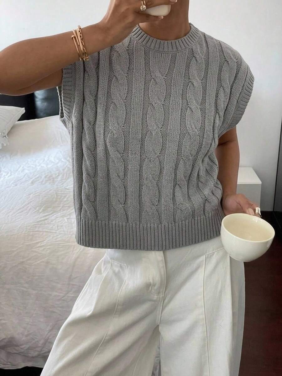Siren Gaze 女款麻灰色粗針編織圓領背心,優雅,適用於辦公室、正式場合、約會、活動、度假 - 彩色 - 查看 1