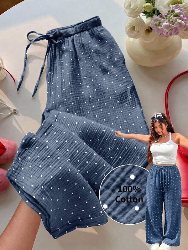 Muchica Plus Size Women's Waist Tie Polka Dot Pattern Wide Leg Pants Fall