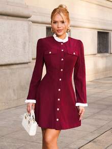 Sandy Gomes Gaun Lengan Panjang Elegan dengan Kerah Tegak dan Kancing Depan, Warna Kontras, Warna Burgundy, Pakaian Wanita untuk Musim Gugur - Burgundy - View 3