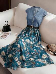 Qadelle Women's Patchwork Floral Print Notched V-Neck Cap Sleeve Elegant Denim Dress - Blue - View 1