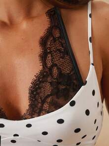 SHEIN BAE 波點對比蕾絲領優雅連身衣 - 黑與白 - 查看 7