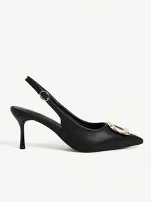 CUCCOO CHICEST Sepatu Hak Tinggi Wanita Model Baru Musim Semi dan Musim Panas dengan Gesper Persegi Logam, Tali Belakang, Sandal Hitam Elegan, Modis untuk Pesta dan Perjalanan. - Hitam - View 3