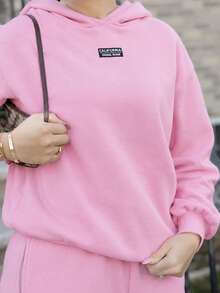 Melissa Matos 女款休閒寬鬆保暖內裡連帽衫與運動褲套裝，粉紅色，秋冬季，舒適優雅的秋冬女裝 - 粉色 - 查看 4