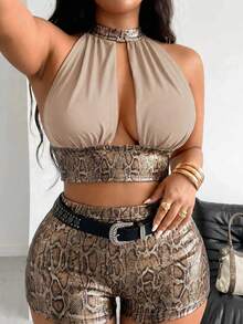 POPSWAY Ensemble sexy et décontracté pour femmes grandes tailles avec top plissé à col licou et short blocs de couleurs - Multicolore - Voir 4