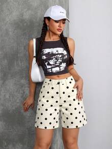 SHEIN Tall Y2K 90年代復古休閒水洗女款牛仔短褲，黑白波點設計，適合城市度假與夏季旅行，高個女性適用 - 黑與白 - 查看 4