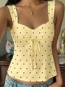 Teen Girls Polka Dot Pattern Knit Texture Ruched Chest Casual Fitted Camisole - Multicolor - View 4