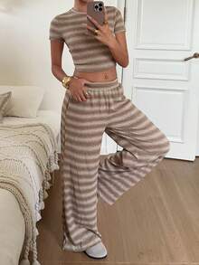 SHEIN EZwear 女款棕色條紋針織休閒套裝 - 咖啡棕 - 查看 6