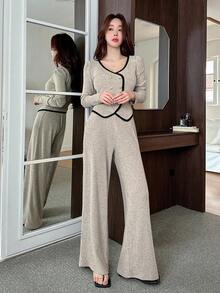 Dazy Tall Setelan Wanita 2 Potong Elegan: Atasan Lengan Pendek dan Celana Panjang Longgar dengan Motif Patchwork Colorblock, Set Pakaian Santai untuk Wanita - Aprikot - View 5