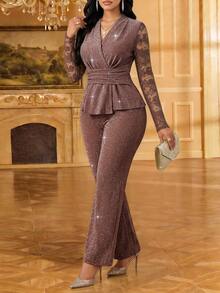 SHEIN Lady Women's Brown Glitter Metallic Lace Sheer Long Sleeve V Neck Peplum Top Wide Leg Pants Elegant Matching 2 Pieces Set Sparkly Party Evening Cocktail - Brown - View 1