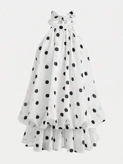 Firerie Kids Firerie Kids Tween Girl Tween Girls Fashion Elegant Vintage Pale Yellow Polka Dot Halter Neck Dress Princess Dress Formal Occasion Travel Versatile Vacation Street Wear Suitable For Any Occasion Sister Outfit Parent-Child Outfit Cute Girl Outfit