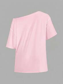 SHEIN EZwear 95%棉休閒極簡印花落肩短袖寬鬆女款T恤，舒適復古優雅通勤百搭暖綠色格紋龍蝦檸檬印花圖案，海灘穿搭、度假穿搭、夏季女裝 - 白色 - 查看 2