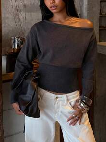 SHEIN BAE BAE Sweater Abu-abu Gelap Tanpa Bahu, Atasan Rajut Kasual Lengan Panjang untuk Kerja Musim Gugur, Sweater Abu-abu Gelap Tanpa Bahu, Kasual - Dark Grey - View 4