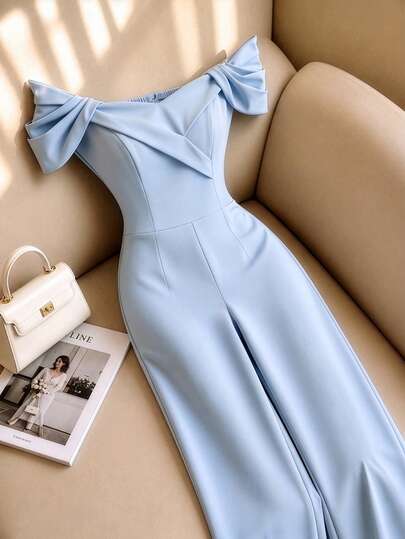 Elenzga Women's Light Blue Strapless Off-Shoulder Asymmetrical Design Pleated Cinched Waist Straight Leg Wide Leg Elegant Commute Vacation Sexy Jumpsuit, Spring/Summer