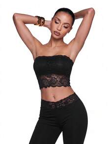 SHEIN ICON 性感蕾丝抹胸上衣 - 黑色 - 查看 3