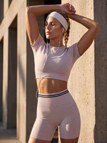 WanderVale Women's Minimalist Cropped Round Neck Short Sleeve T-Shirt And Colorblock Shorts Sports Set - Pink - View 2