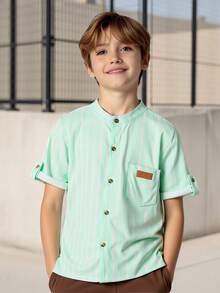 Kemeja Lengan Pendek Anak Laki-Laki Remaja Bergaya Minimalis dengan Label Tempel, Kain Nyaman, Pas Badan, Gaya Baru Musim Semi/Panas, Cocok untuk Berbagai Musim dan Acara - Mint Green - View 3