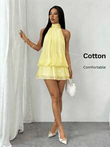 SHEIN PETITE 女款優雅淡黃色掛脖領綁帶迷你洋裝，適合派對、約會，秋冬/春夏穿著 - 黃色 - 查看 3
