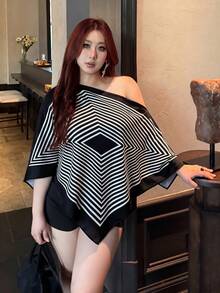 Vibekara 女款大尺碼 2026 夏季休閒優雅印花不對稱領長袖不對稱下擺襯衫，不對稱肩開衩袖寬鬆時尚襯衫，復古日落度假印花蝙蝠袖上衣，新品上市，適合日常通勤、大學襯衫、外出襯衫、度假襯衫、辦公室襯衫、約會穿搭 - 彩色 - 查看 4