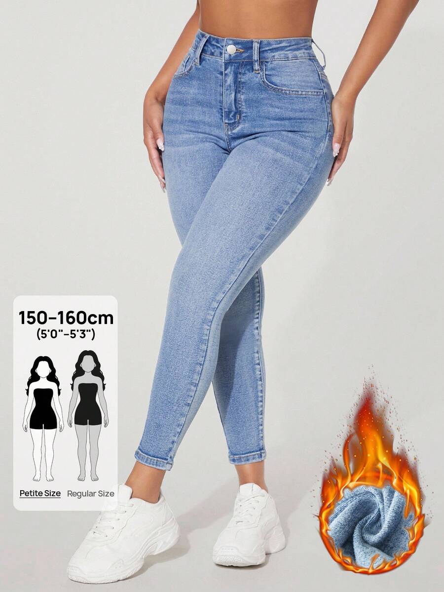 SHEIN PETITE 高腰鈕扣裝飾修身彈性破洞Y2K牛仔褲,內層保暖加厚牛仔褲,附口袋,秋冬加厚丹寧,適合嬌小女性 - 藍色 - 查看 1