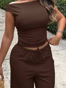 Maria Perezxox 女款百搭兩件套：純色露肩上衣與休閒抽繩寬腿褲，優雅風格 - 巧克力棕 - 查看 3