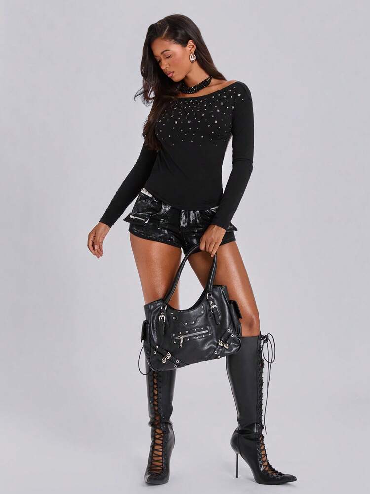 ACID BLVD Autumn Y2K Millennium Style Twist Backless Metal Studs Fitted Off-Shoulder Long Sleeve T-Shirt - Black - View 5