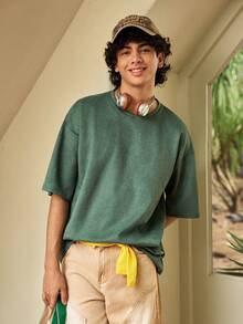 Men's Letter Print Casual Round Neck Short Sleeve T-Shirt, Suitable For Daily Wear, Spring/Summer - Green - View 4