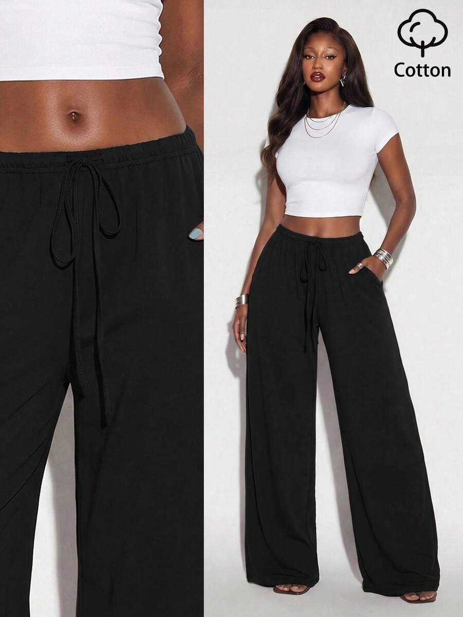 Normani 女款純色腰部綁帶口袋寬腿寬鬆休閒長褲 - 黑色 - 查看 1